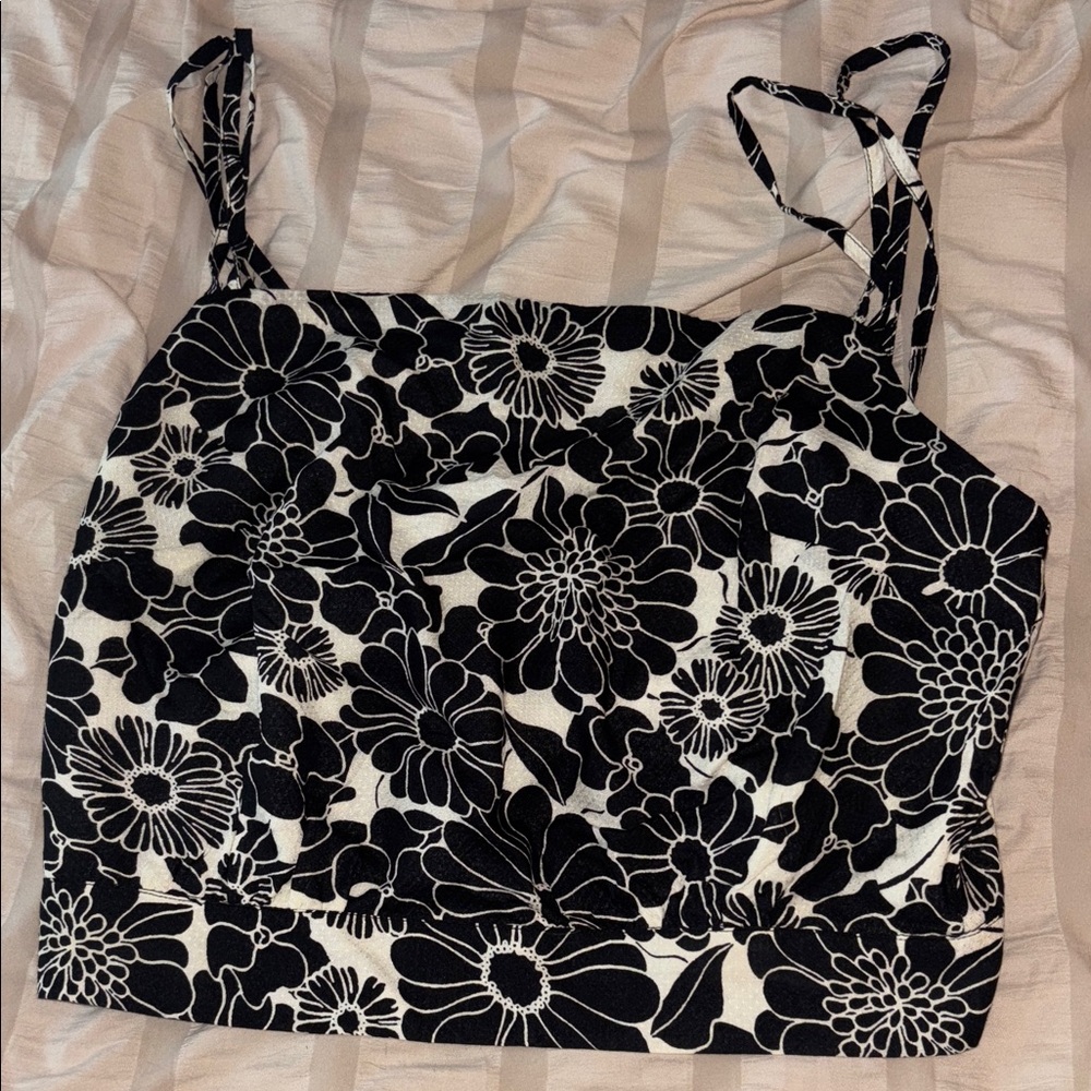Anthropologie Black and Cream Floral Crop Top